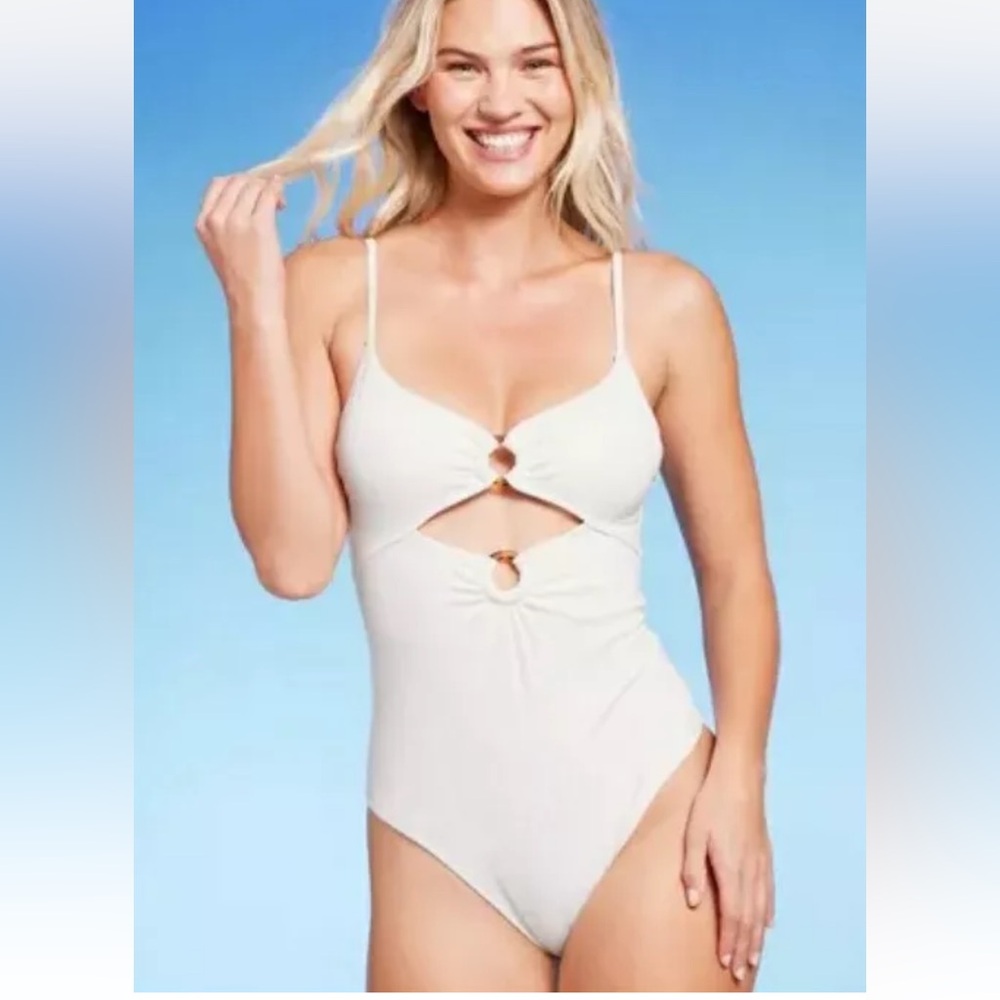Shade & Shore White cut out open back Ribbed One piece Swimsuit L